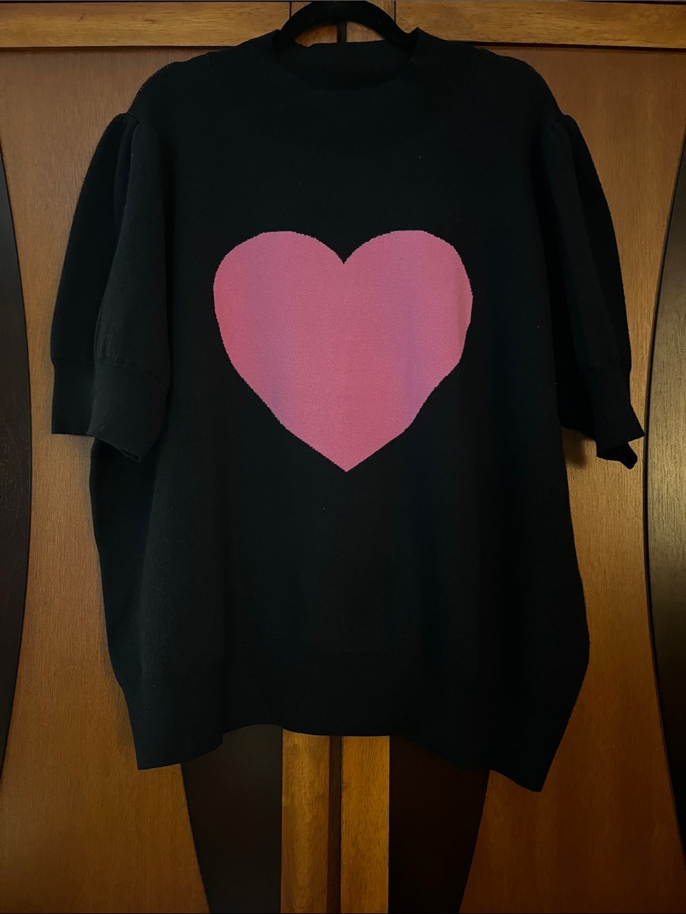 NWOT Puff Short Sleeve Black Sweater Top w/Large Pink Heart Graphic